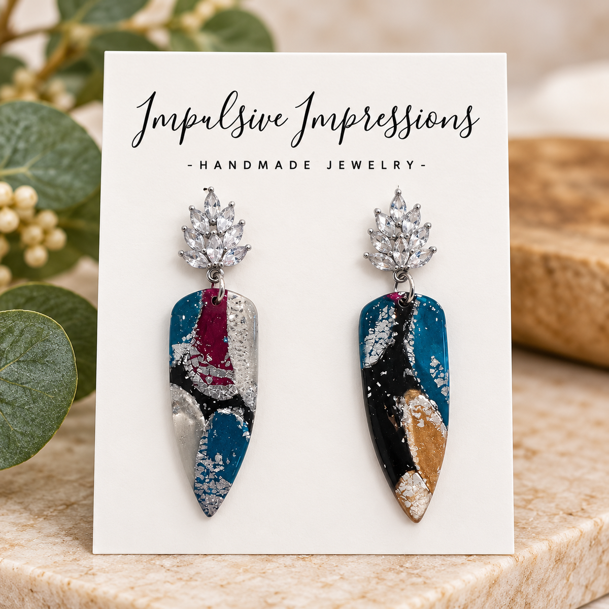 Crystal leaf and blue marbled polymer clay earrings