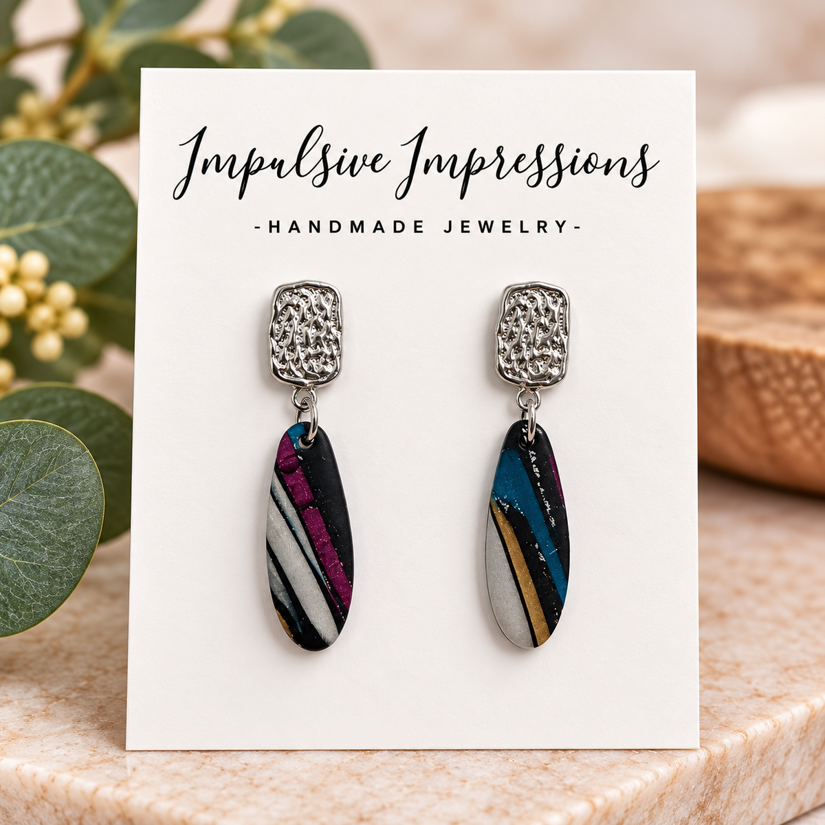 Textured silver and multicolor striped polymer clay earrings