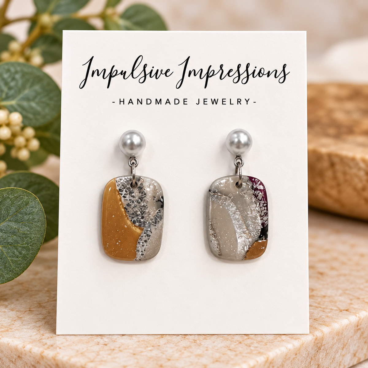 Pearl look studs with gold silver marbled polymer clay earrings
