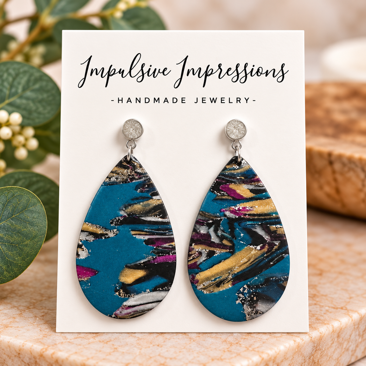 Oversized teal and gold marbled polymer clay teardrop earrings