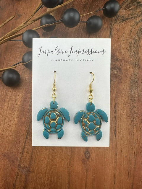 Blue Green Turtle Dangle Earrings