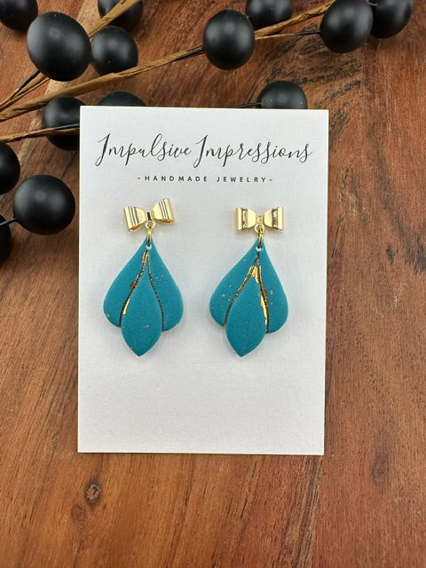 Blue Green Leaf Dangle with Gold Bow