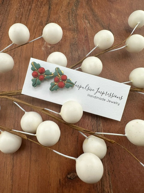 Dark Green Christmas Holly Stud