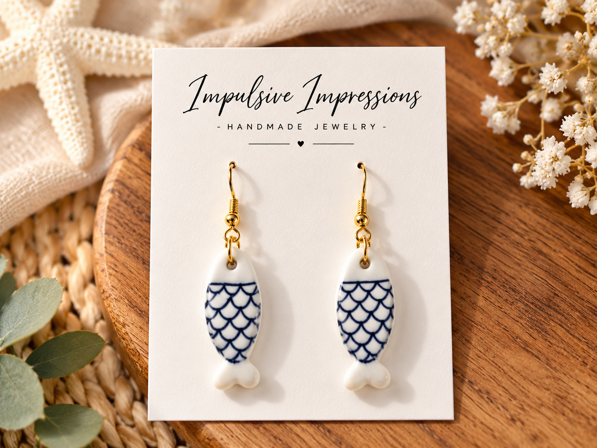 Blue and white polymer clay fish dangle earrings with navy scales and gold-tone hooks