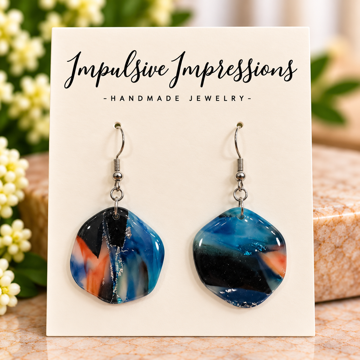 Glossy ocean sunset marbled polymer clay earrings