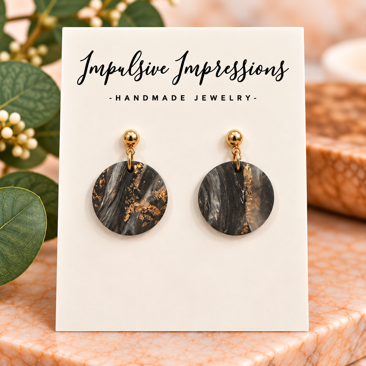 Round black gray marbled polymer clay earrings with gold flecks and gold ball studs