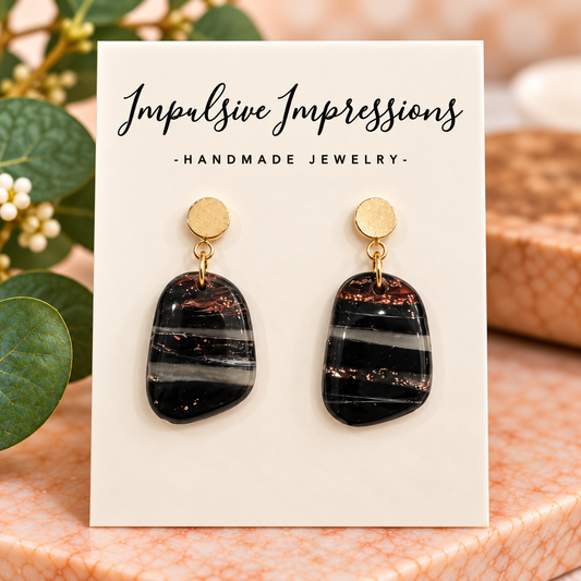 Black gray and copper striped polymer clay earrings with round gold studs