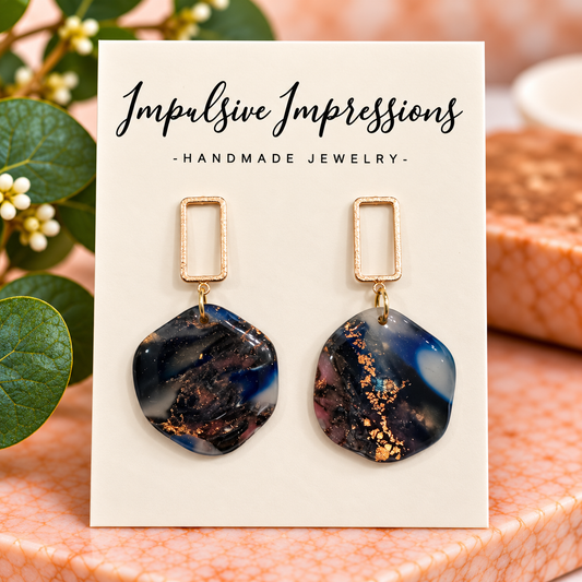 Navy black and gold marbled polymer clay drop earrings