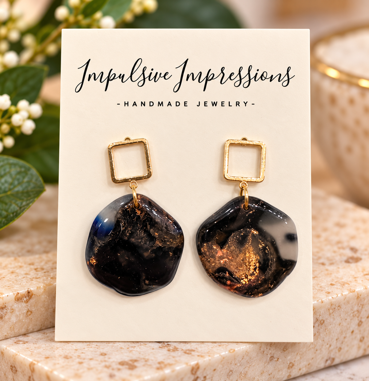 Black and copper marbled polymer clay drop earrings with gold square studs