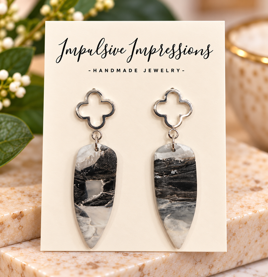 Black white and gray marbled polymer clay drops with silver quatrefoil tops