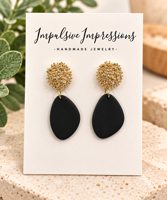 Matte black polymer clay drops with textured gold studs