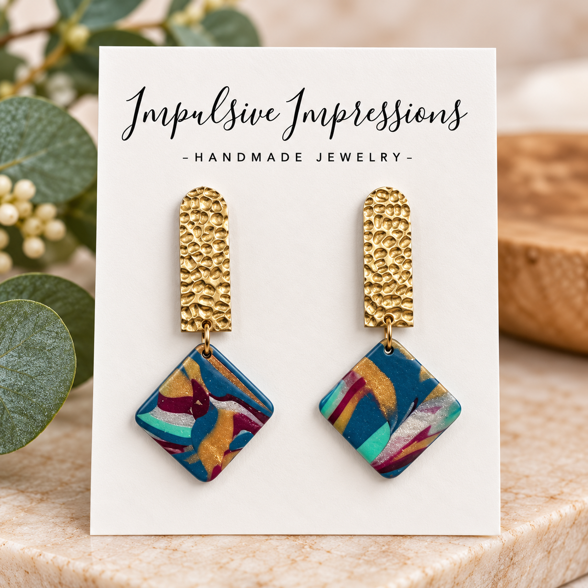 Hammered gold and colorful marbled polymer clay earrings