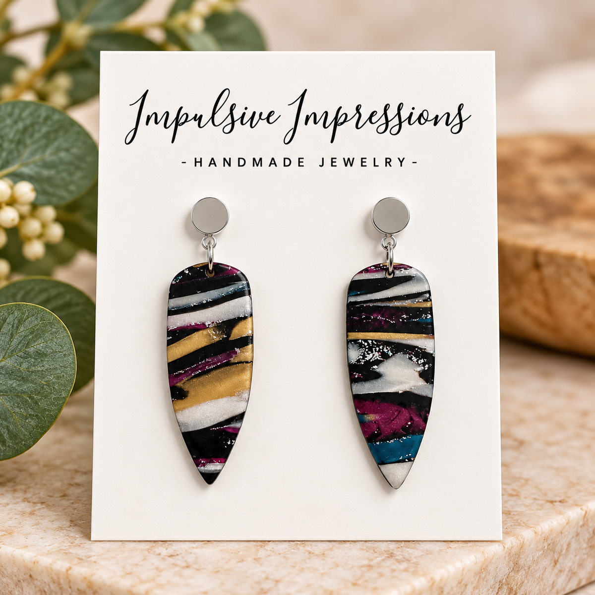 Striped gold plum black and ivory polymer clay earrings