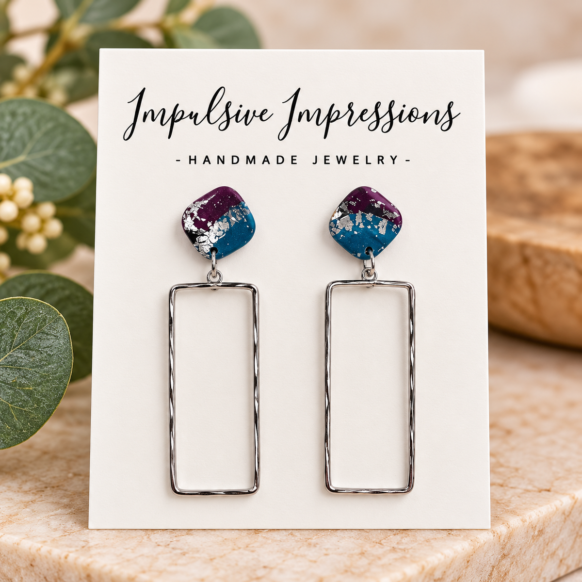 Teal and plum polymer clay earrings with silver rectangle dangles