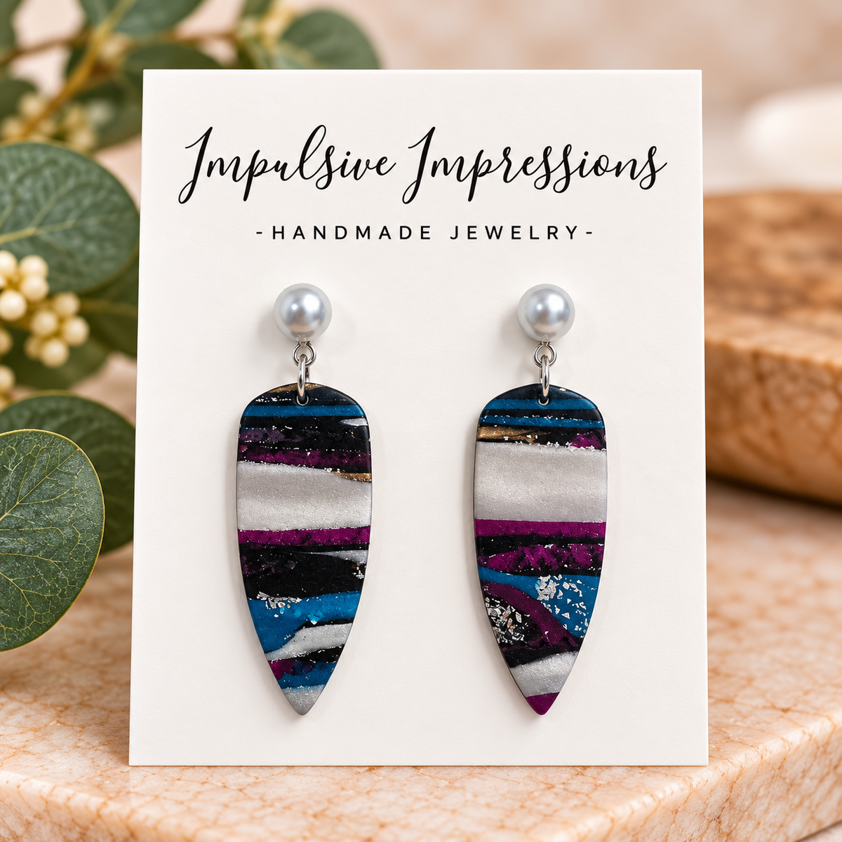 Pearl stud and striped teal plum polymer clay earrings
