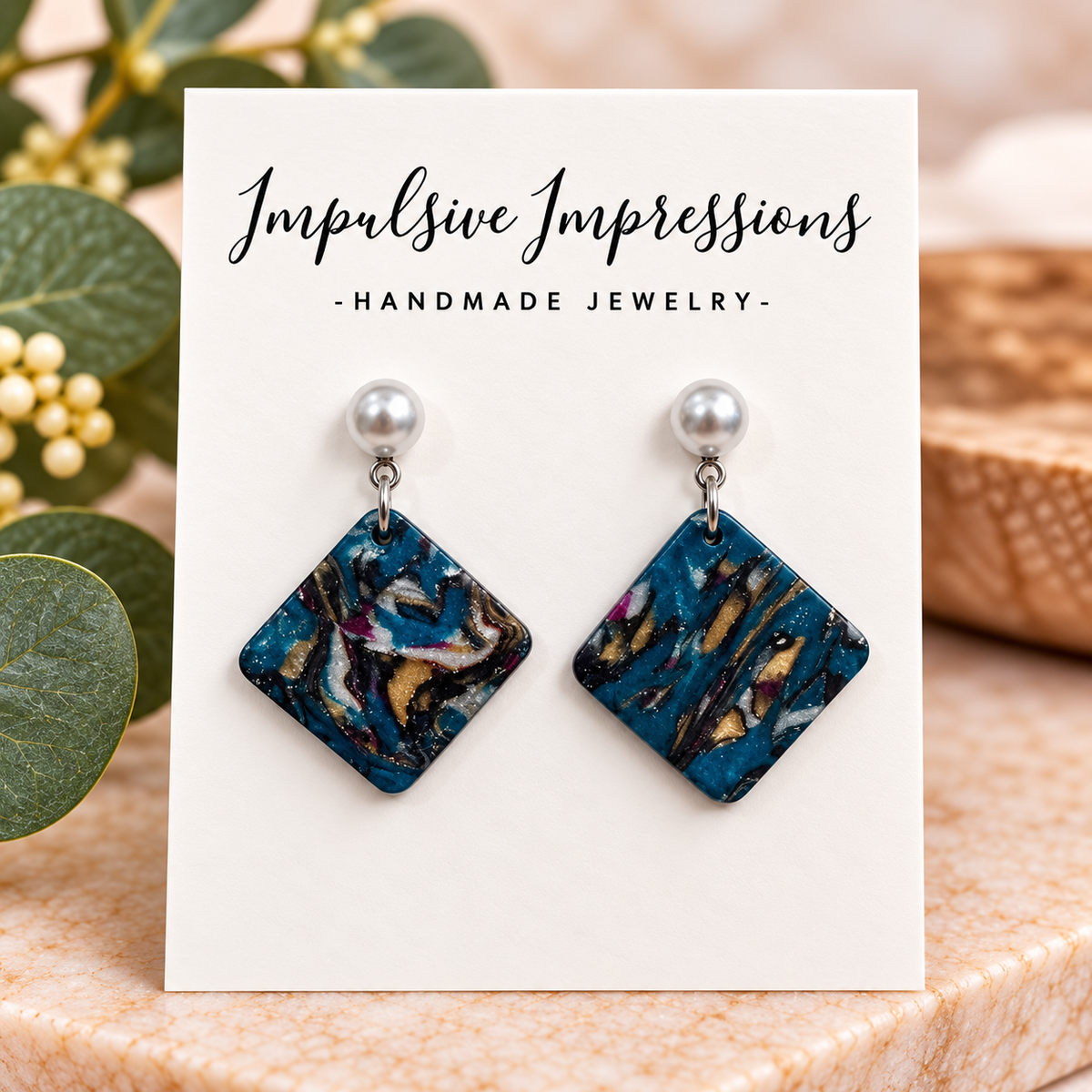 Pearl stud teal and gold marbled diamond polymer clay earrings