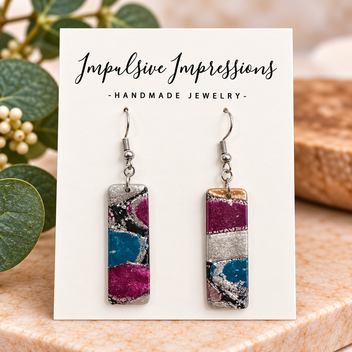 Teal and plum marbled polymer clay rectangle hook earrings