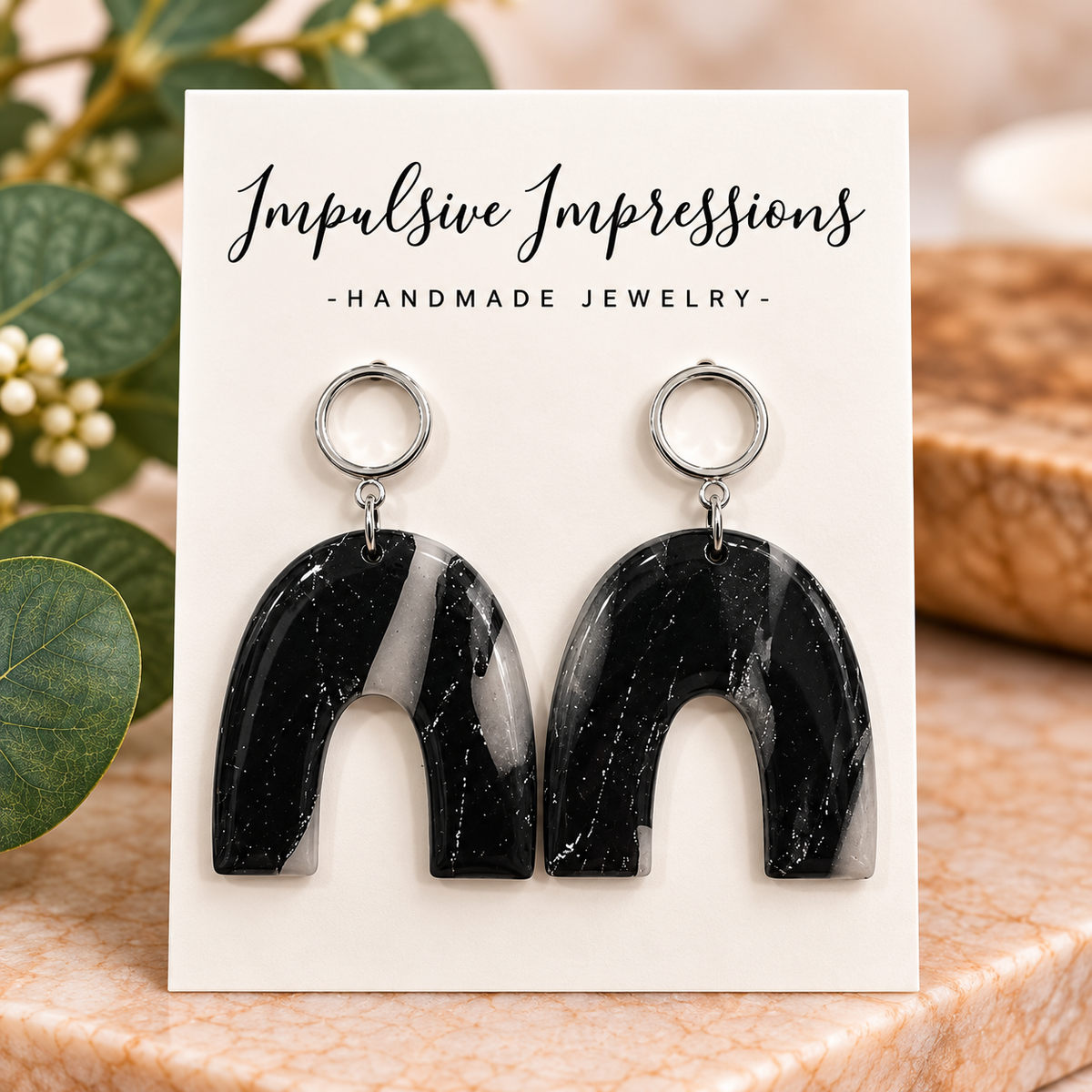 Black gray marbled polymer clay arch earrings