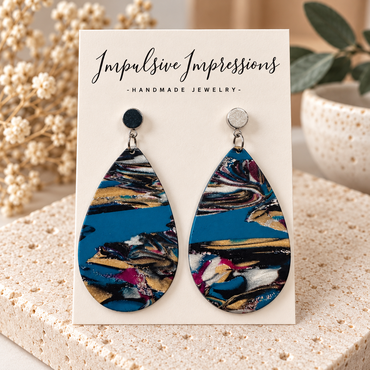 Teal blue black and gold marbled teardrop polymer clay earrings