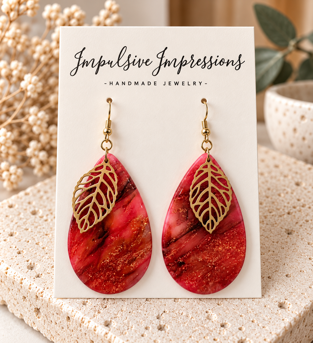 Red pink marbled polymer clay teardrop earrings with gold-tone leaf charms