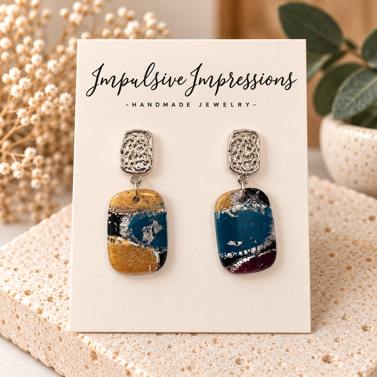 Teal gold black marbled polymer clay rectangular earrings with silver-tone tops