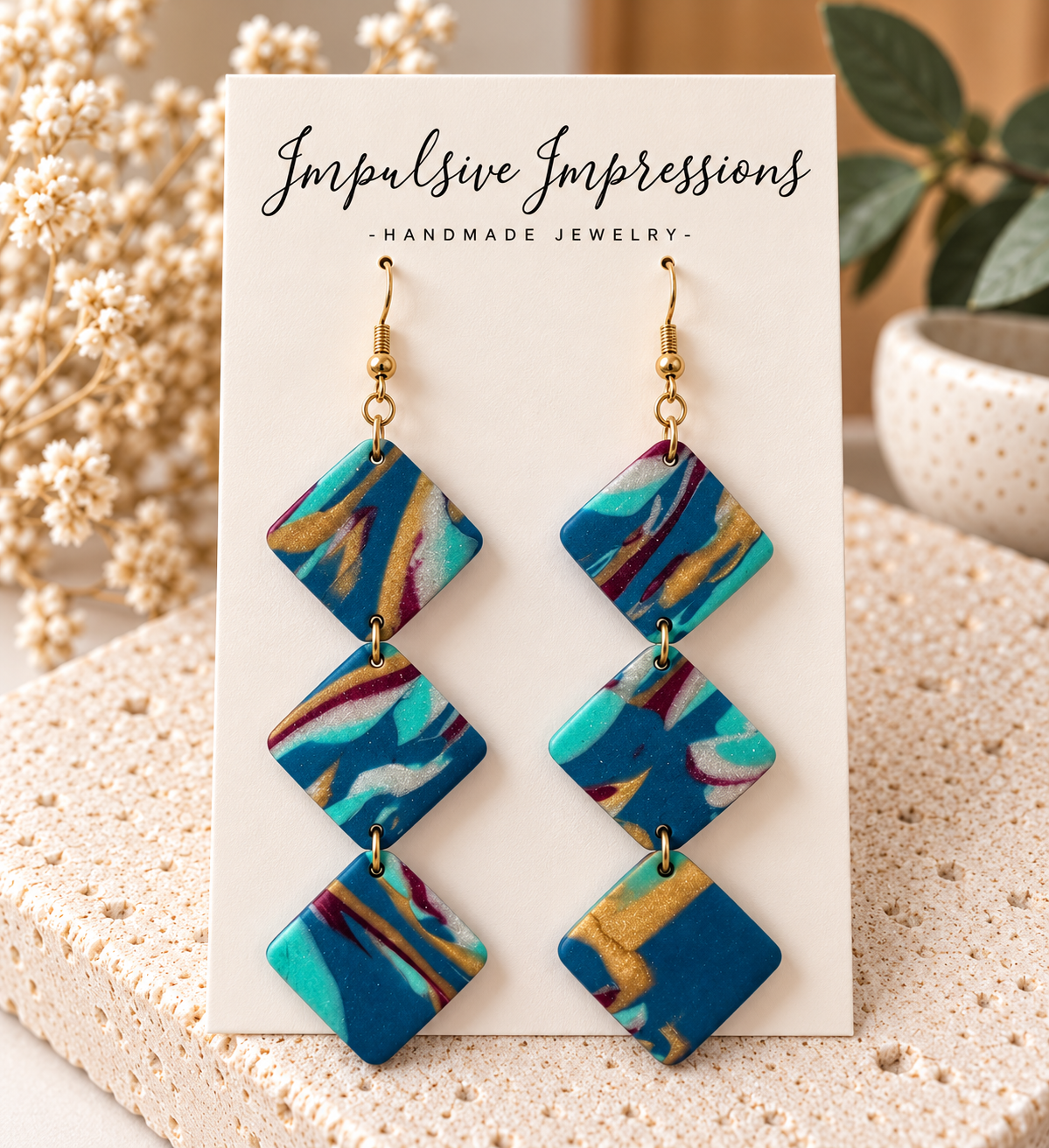 Long triple diamond marbled teal and gold polymer clay earrings