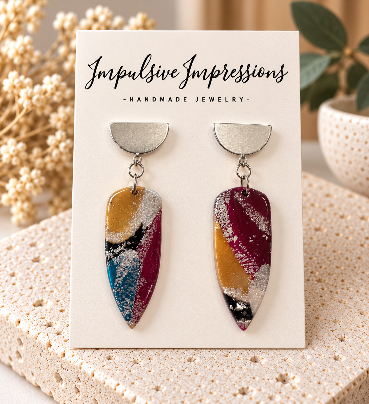 Burgundy gold teal and silver marbled tapered polymer clay earrings with half-moon silver-tone tops