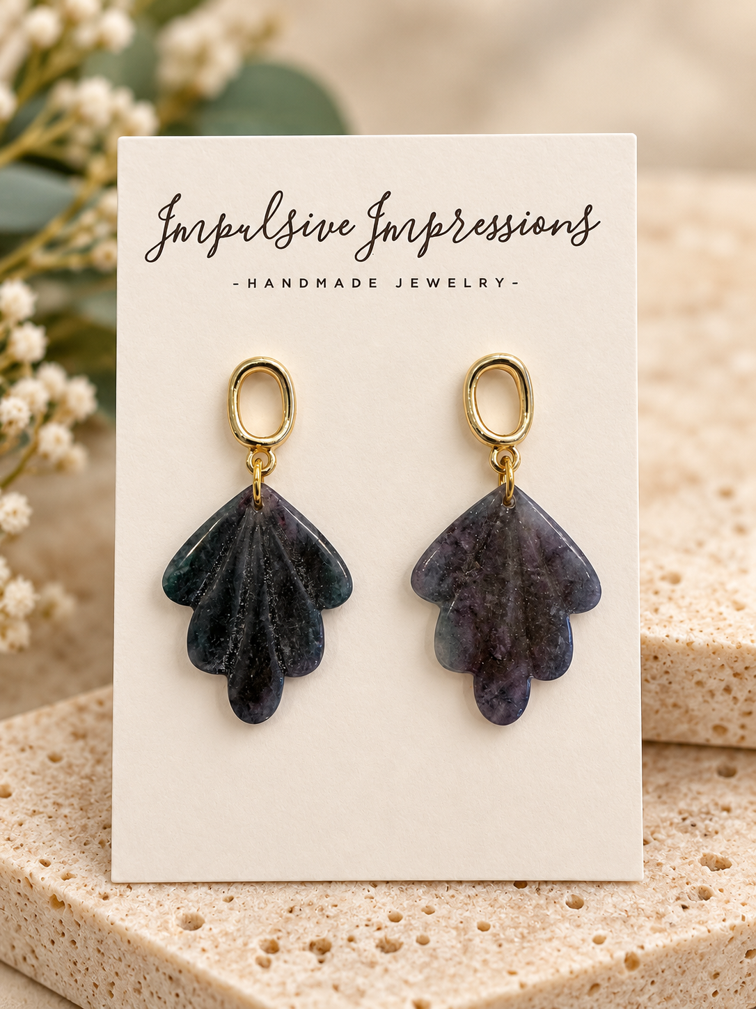 Dark green and purple scalloped drop earrings with gold-tone oval links by Impulsive Impressions