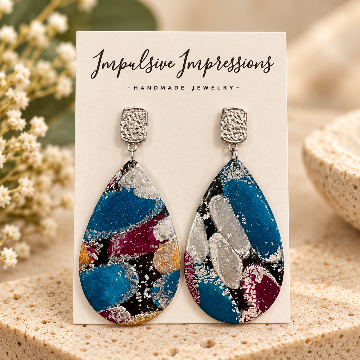 One of a kind blue burgundy and silver abstract polymer clay teardrop earrings with silver-tone textured studs