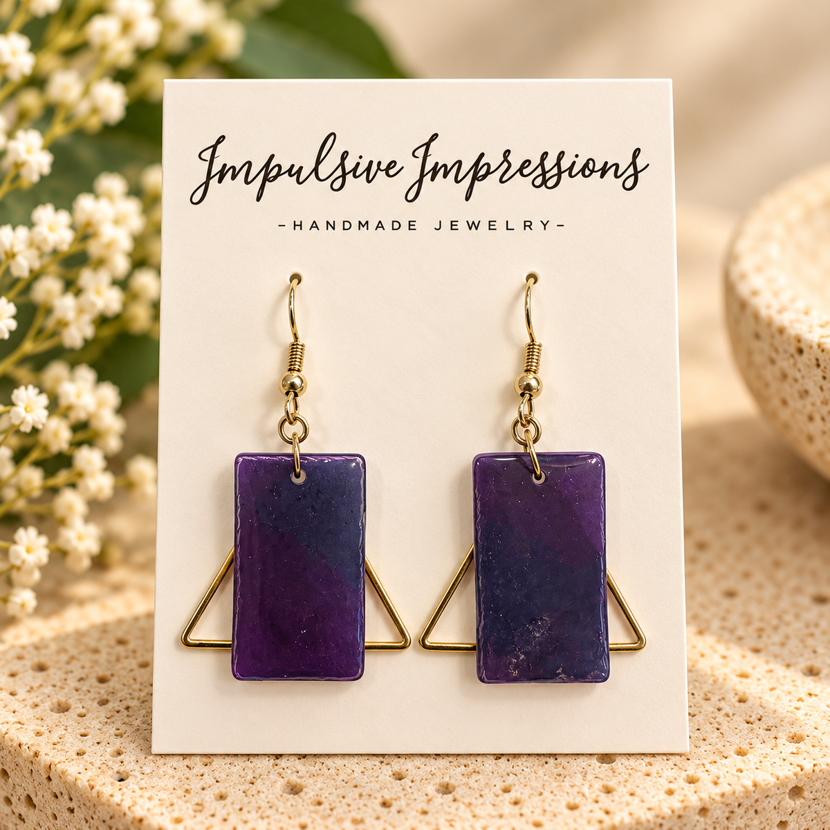 Purple handmade polymer clay rectangular dangle earrings with gold-tone triangle accents