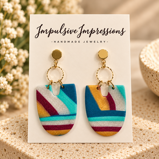 Colorful handmade geometric polymer clay drop earrings with gold-tone circular studs