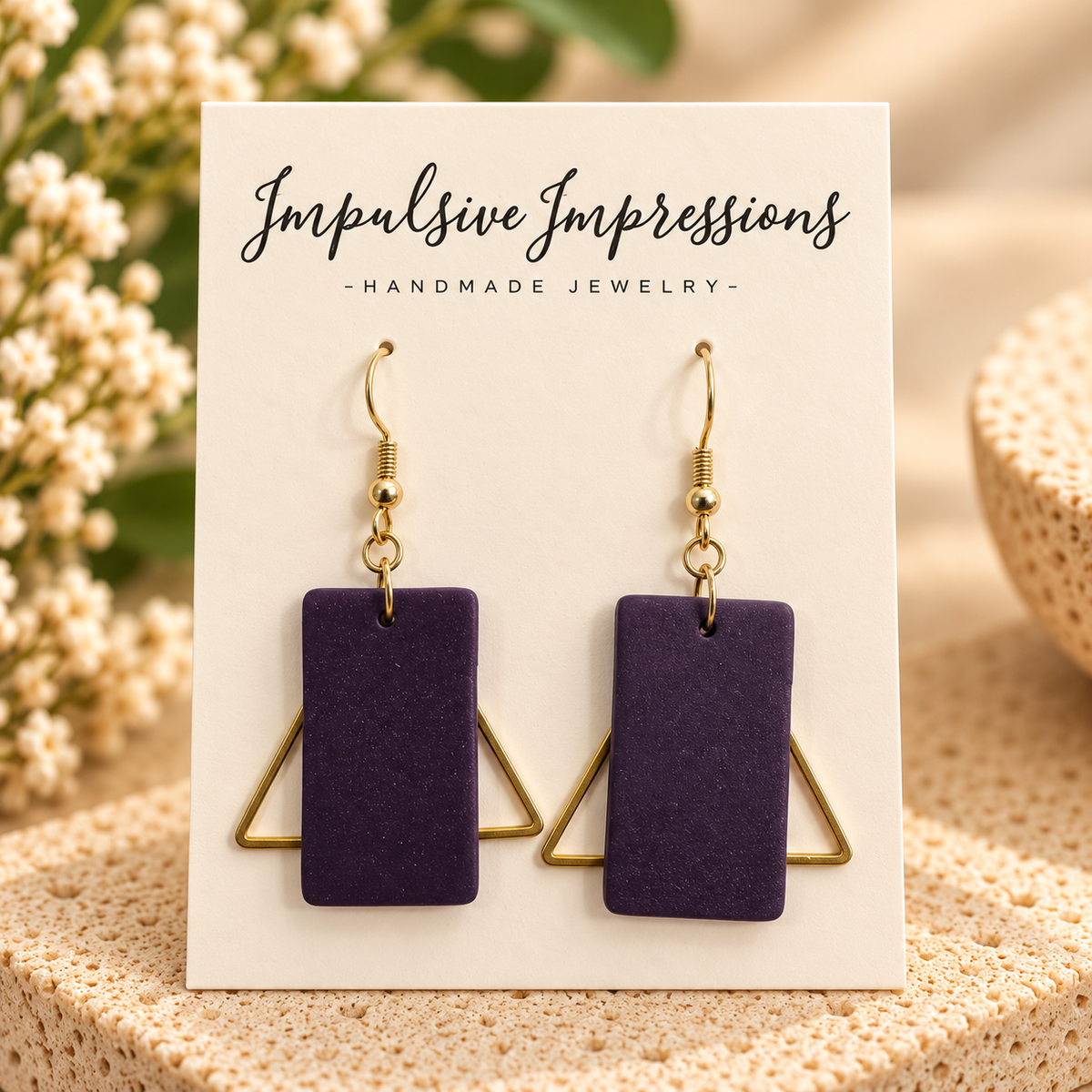 Handmade matte purple polymer clay rectangle dangle earrings with gold-tone triangular frames