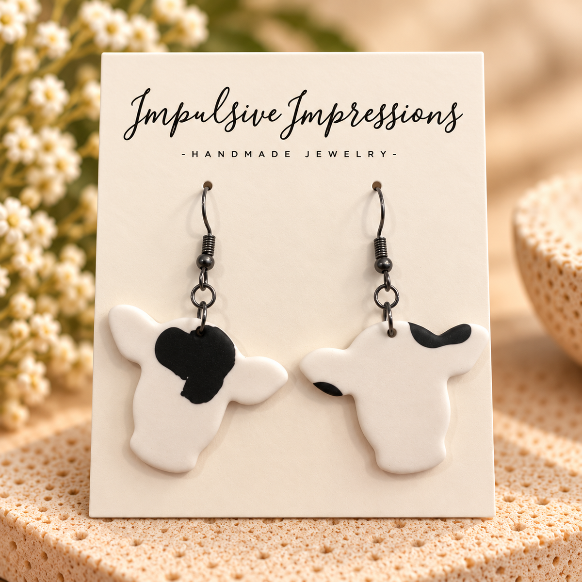 Black and white cow head handmade polymer clay dangle earrings