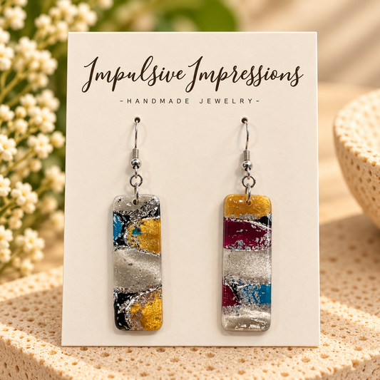 Handmade multicolor abstract polymer clay rectangle dangle earrings