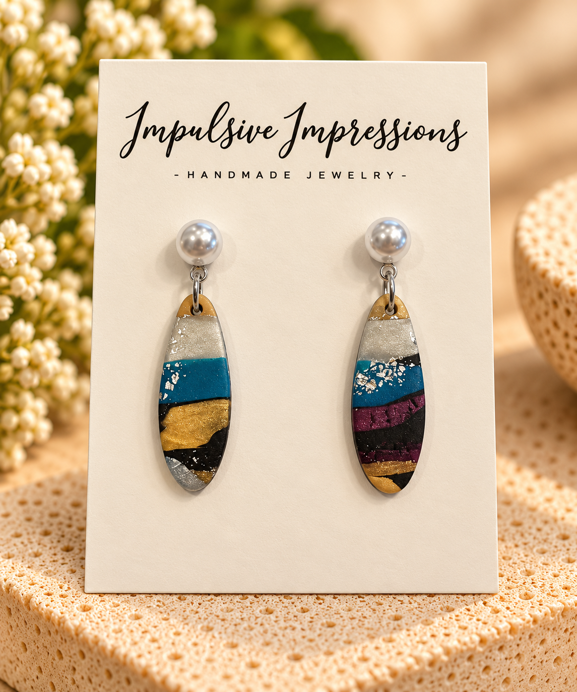 Multicolor handmade polymer clay oval drop earrings with silver-white pearl-style studs