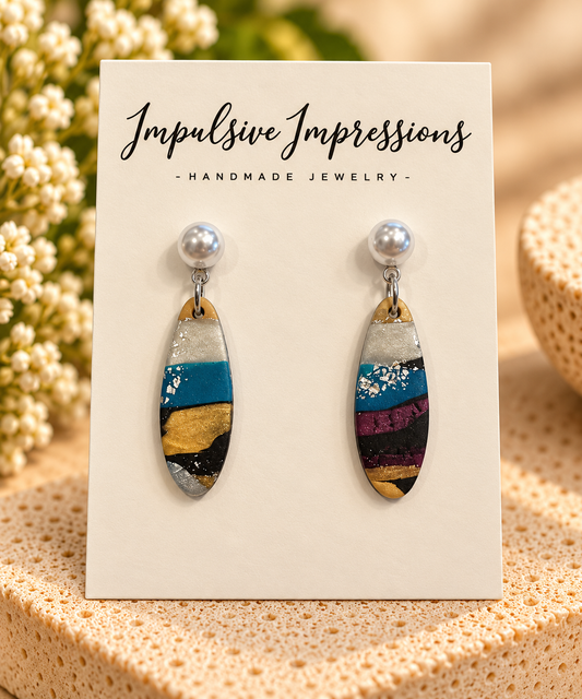 Multicolor handmade polymer clay oval drop earrings with silver-white pearl-style studs