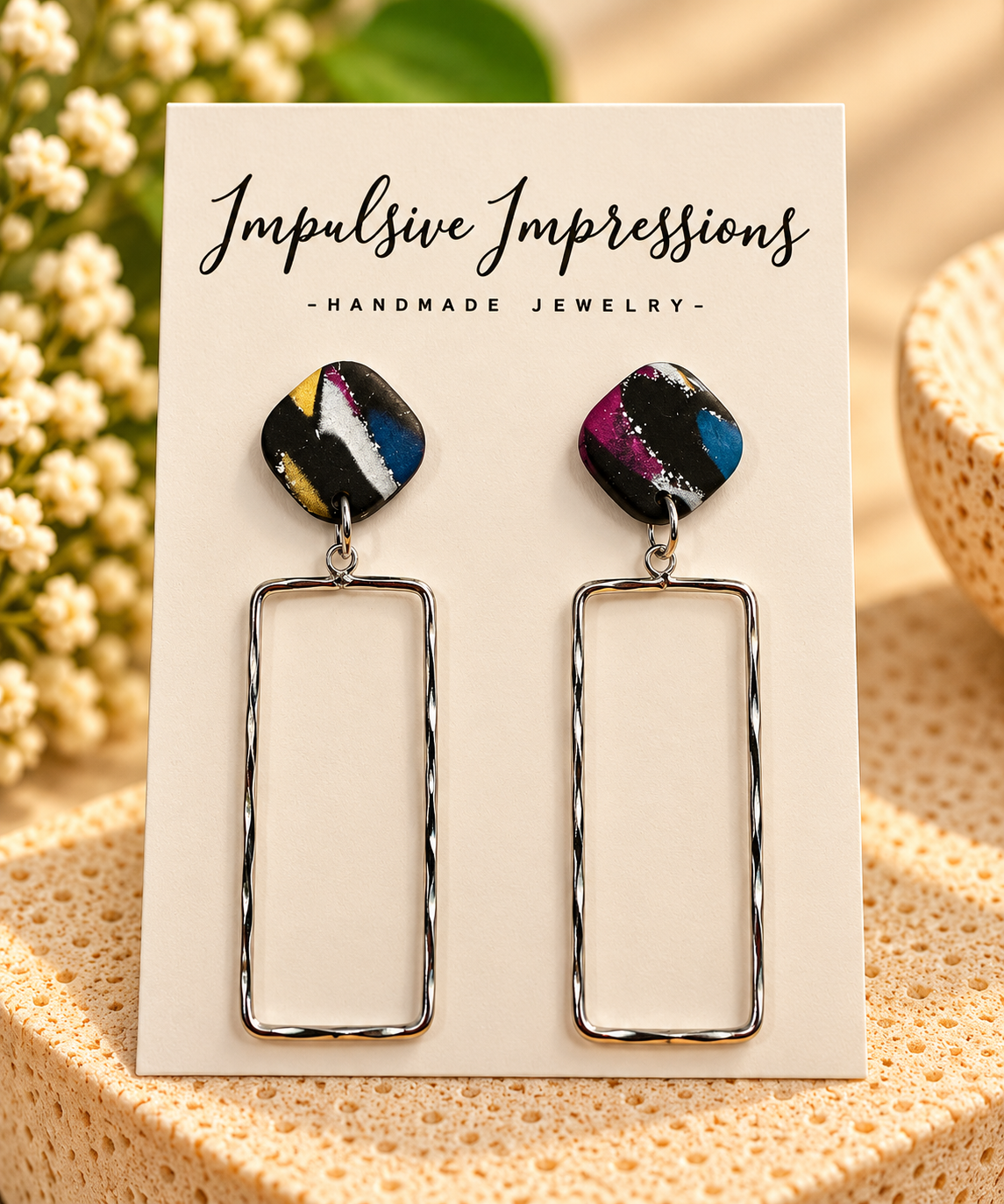 Multicolor polymer clay square studs with long silver-tone open rectangle dangle frames