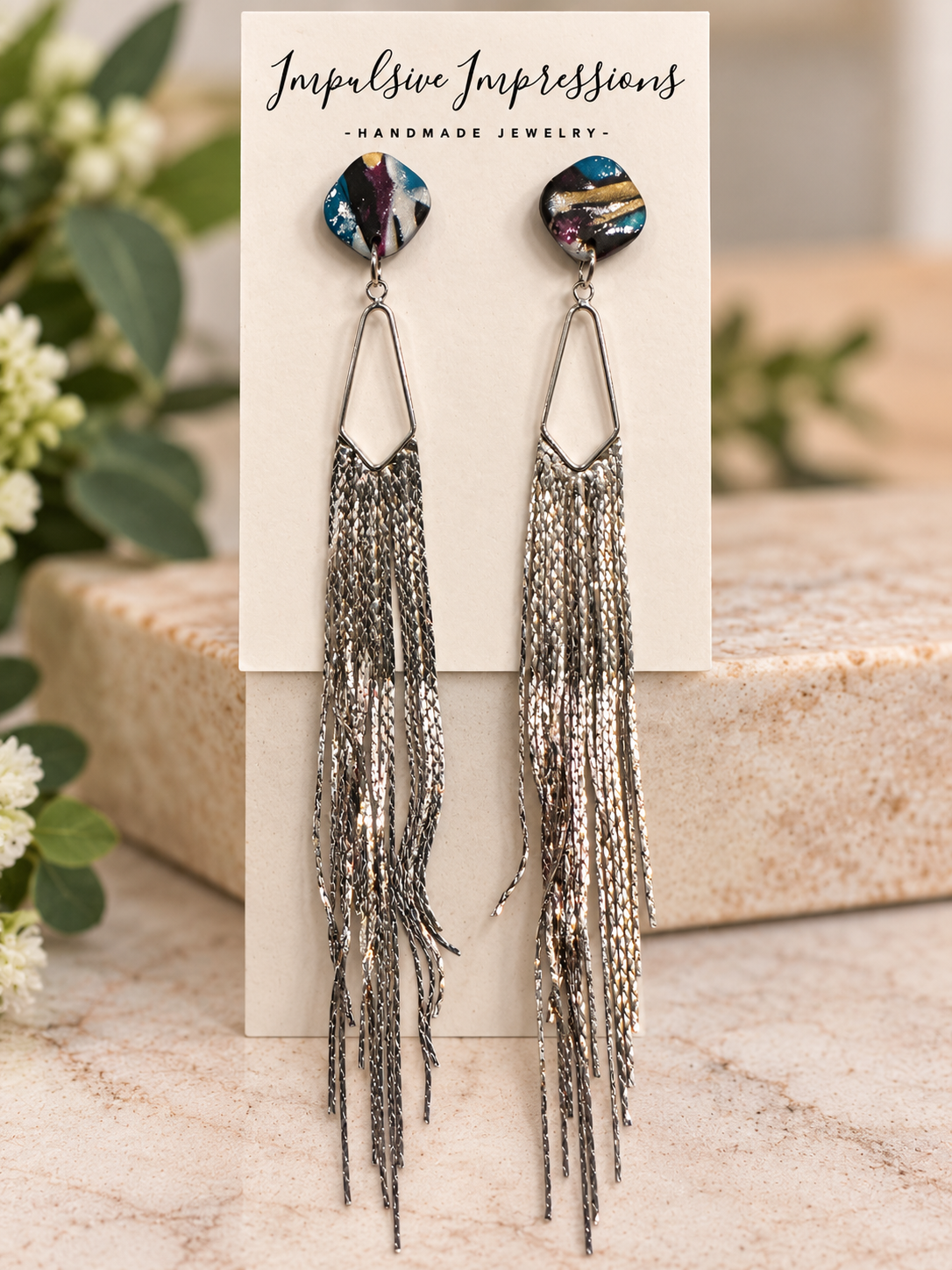 Long silver tassel earrings with marbled polymer clay studs