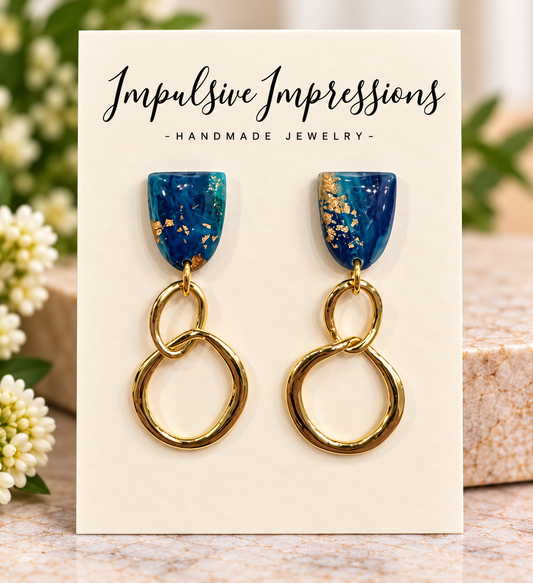 Blue polymer clay earrings with linked gold-tone hoops
