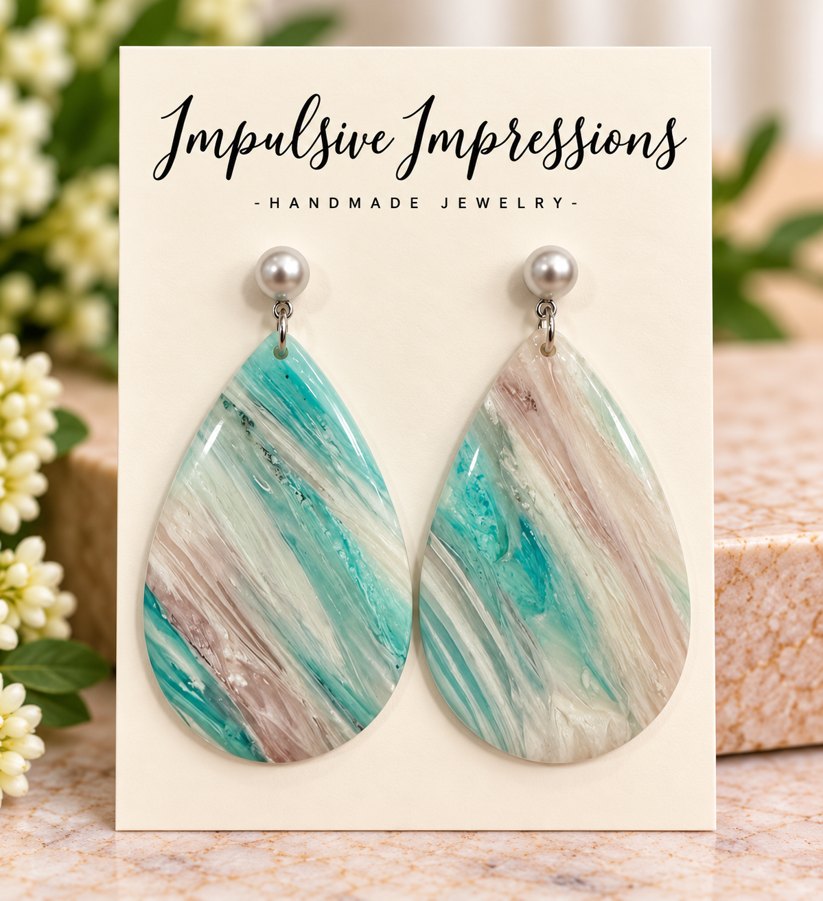 Sea glass marbled teardrop polymer clay earrings with pearl-look studs