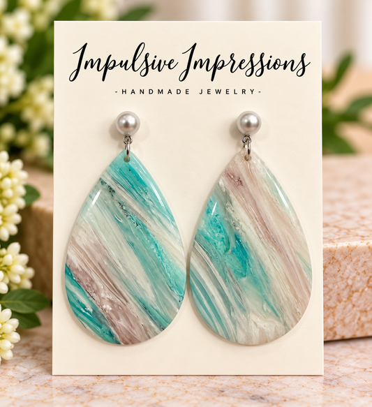 Sea glass marbled teardrop polymer clay earrings with pearl-look studs