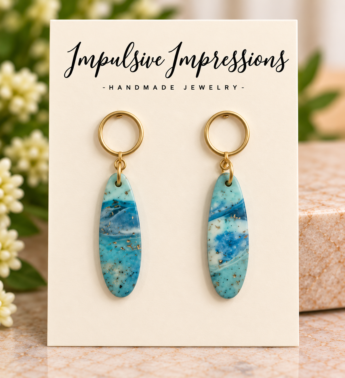 Matte finish turquoise ocean marbled polymer clay drop earrings