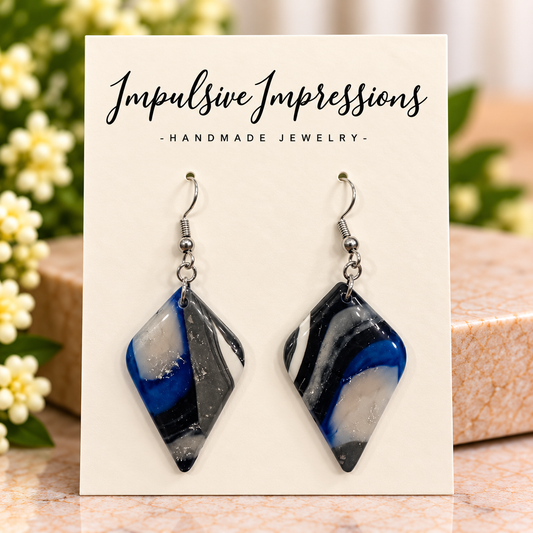 Glossy midnight blue and charcoal marbled diamond polymer clay earrings