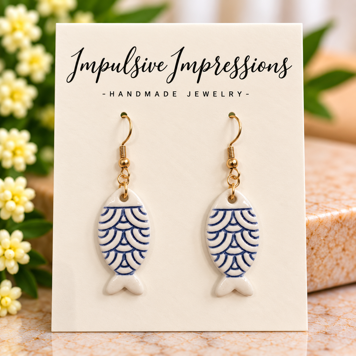 White and navy patterned fish-shaped polymer clay earrings with gold-tone hooks