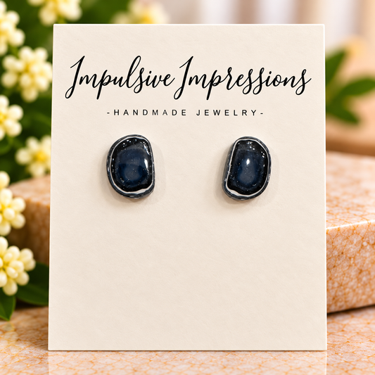 Glossy midnight navy marbled polymer clay stud earrings